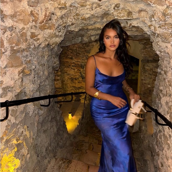 Zara dress maxi long open back satin effect blue bodycon wedding party cocktail - Picture 4 of 16